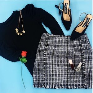 Tweed Plaid Mini Skirt w/ Distressed Hem